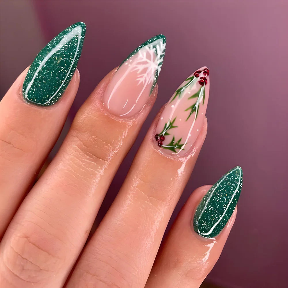 24pcs Christmas Press on Nails Green Tree Christmas False Nails Reusable Acrylic Fake Nails French Almond Nail Charm