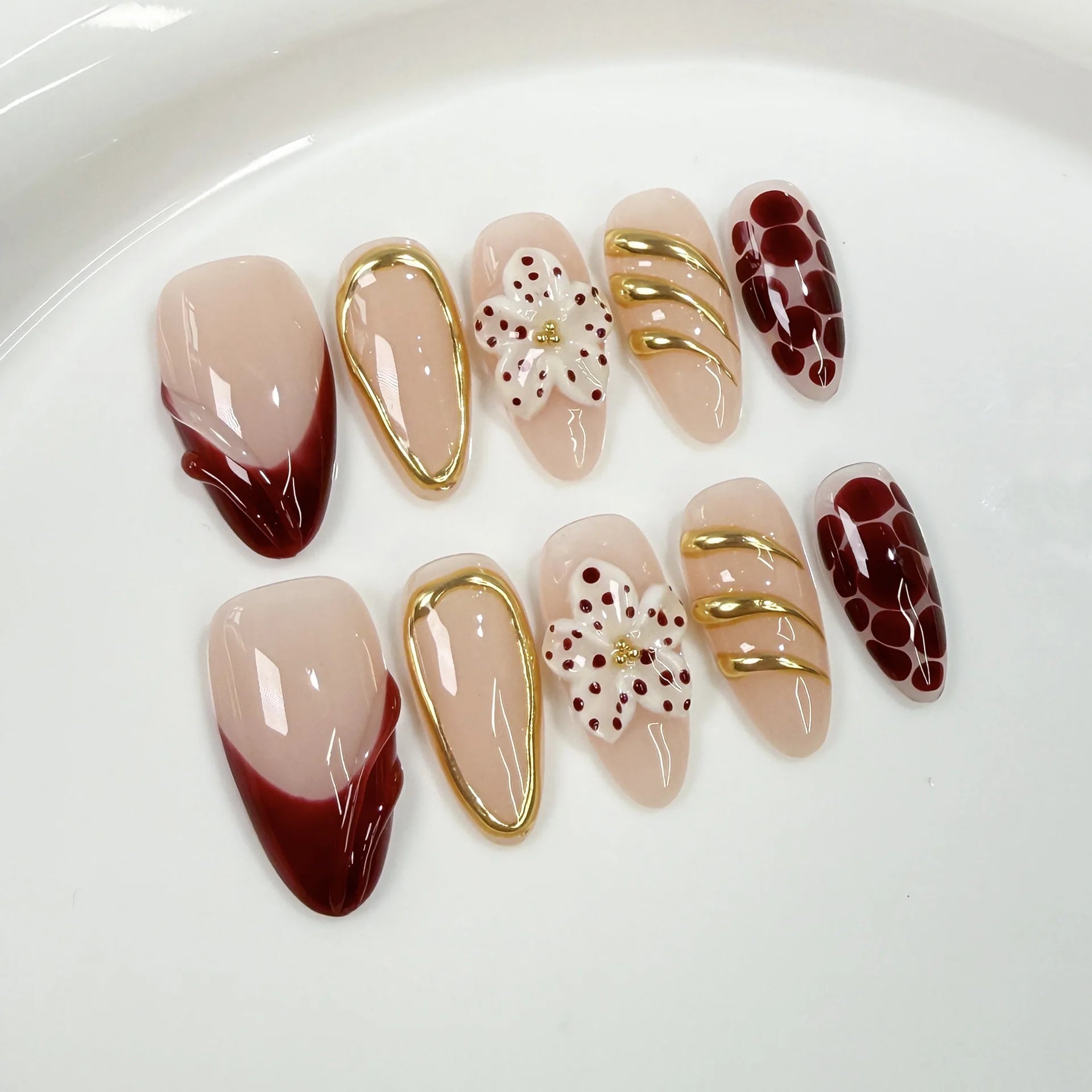 10Pcs Leopard Print French Almond Handmade Press on Nails 3D Flower Fake Nails Spicy Girls False Nail Uñas Накладные Ногти 네일팁