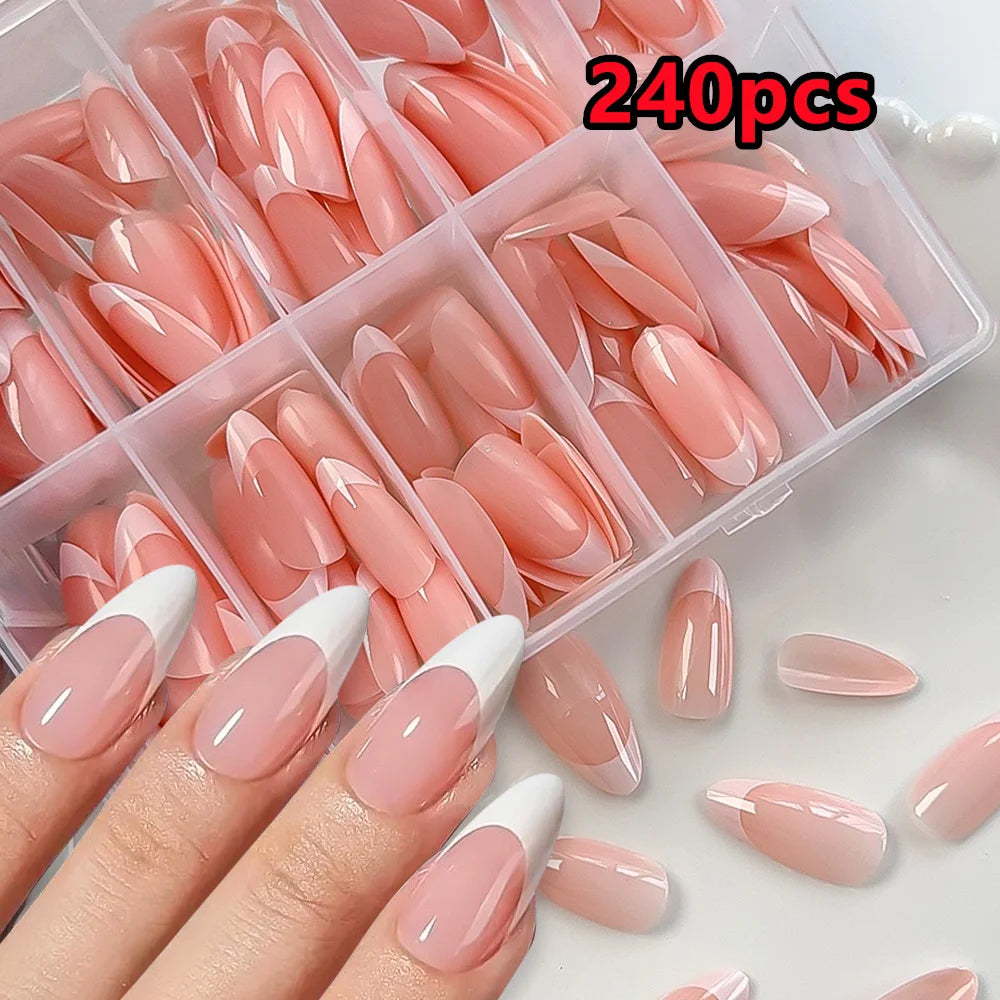 120/240Pcs Nude Pink Almond Press On Nails White-Edge French Glossy Almond Fake Nails Full Cover Soft Gel Nude Pink Nail Tips