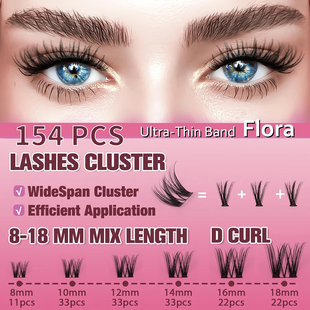 uCoolMe DIY Eyelashes Extension Flora 0.05mm D Curl Handmade 8-18mm Natural Wide Span Wispy Lash Clusters False Lashes Bundles