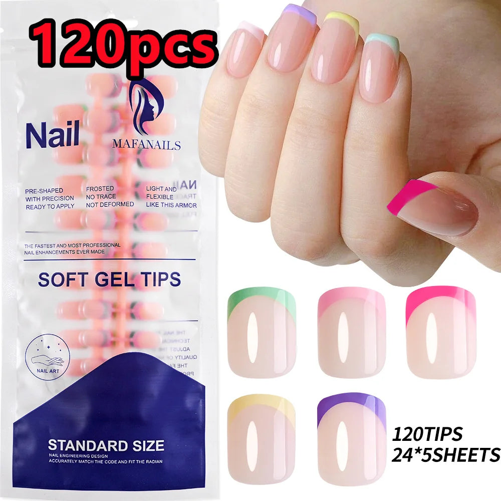120/240Pcs Nude Pink Almond Press On Nails White-Edge French Glossy Almond Fake Nails Full Cover Soft Gel Nude Pink Nail Tips