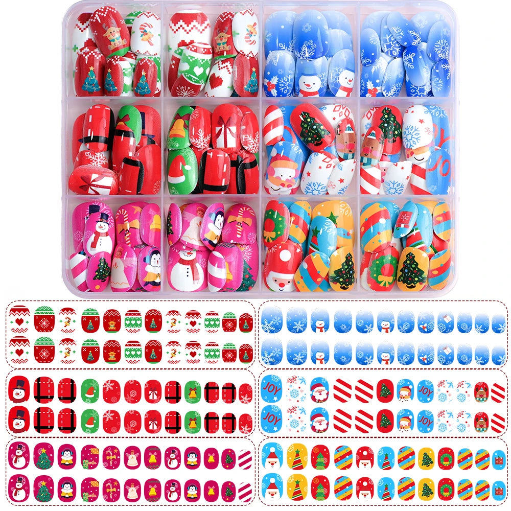 12gridsx12=144pcs Christmas Children Fake Nails Red/Blue Square Round Press On Nails With Cartoon Snowman/Snowflake Nail Tips