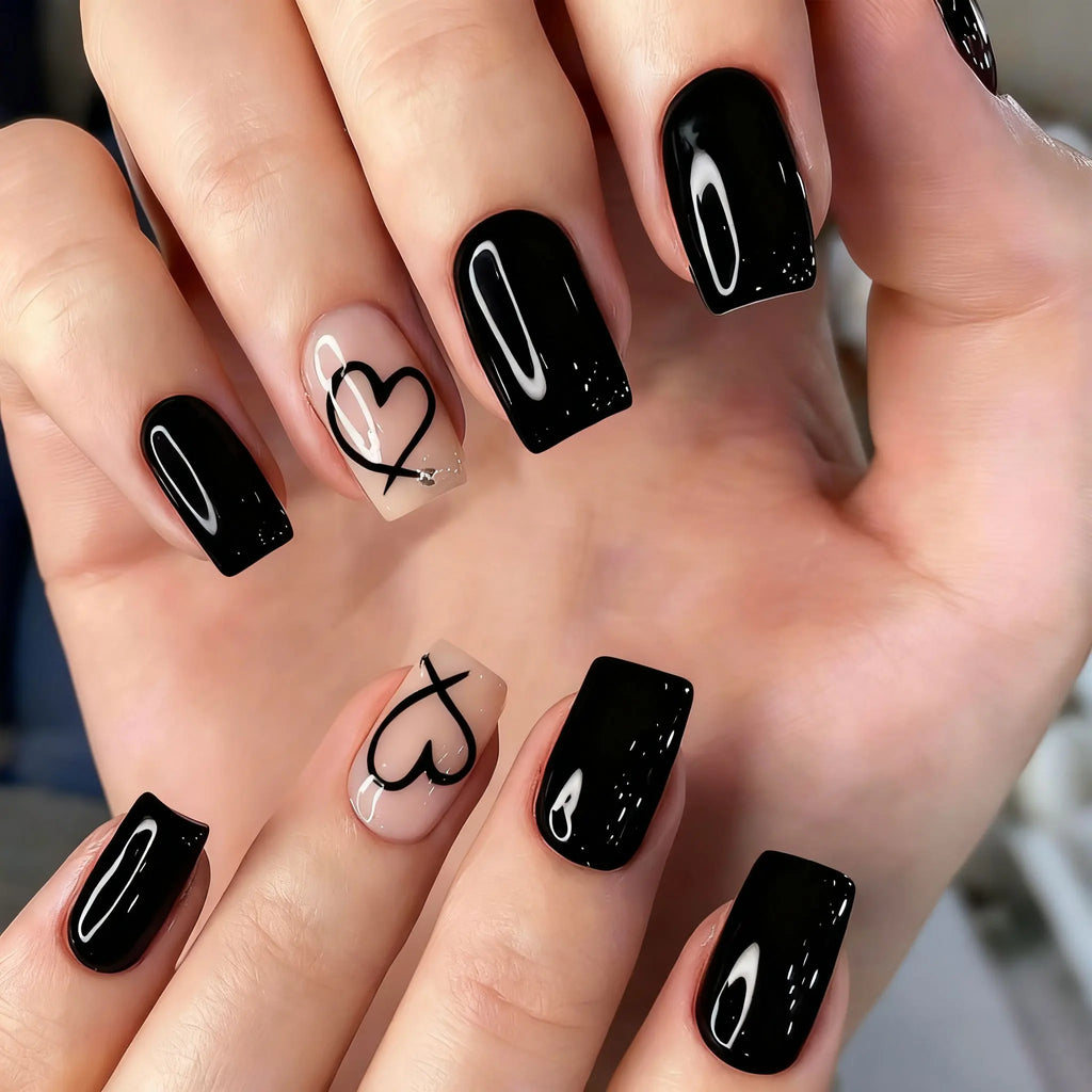 24Pcs Glossy Black Valentine's Day Press On Nails Cute Short Square Hollow Love Heart False Nails Full Cover Acrylic Nails Tips