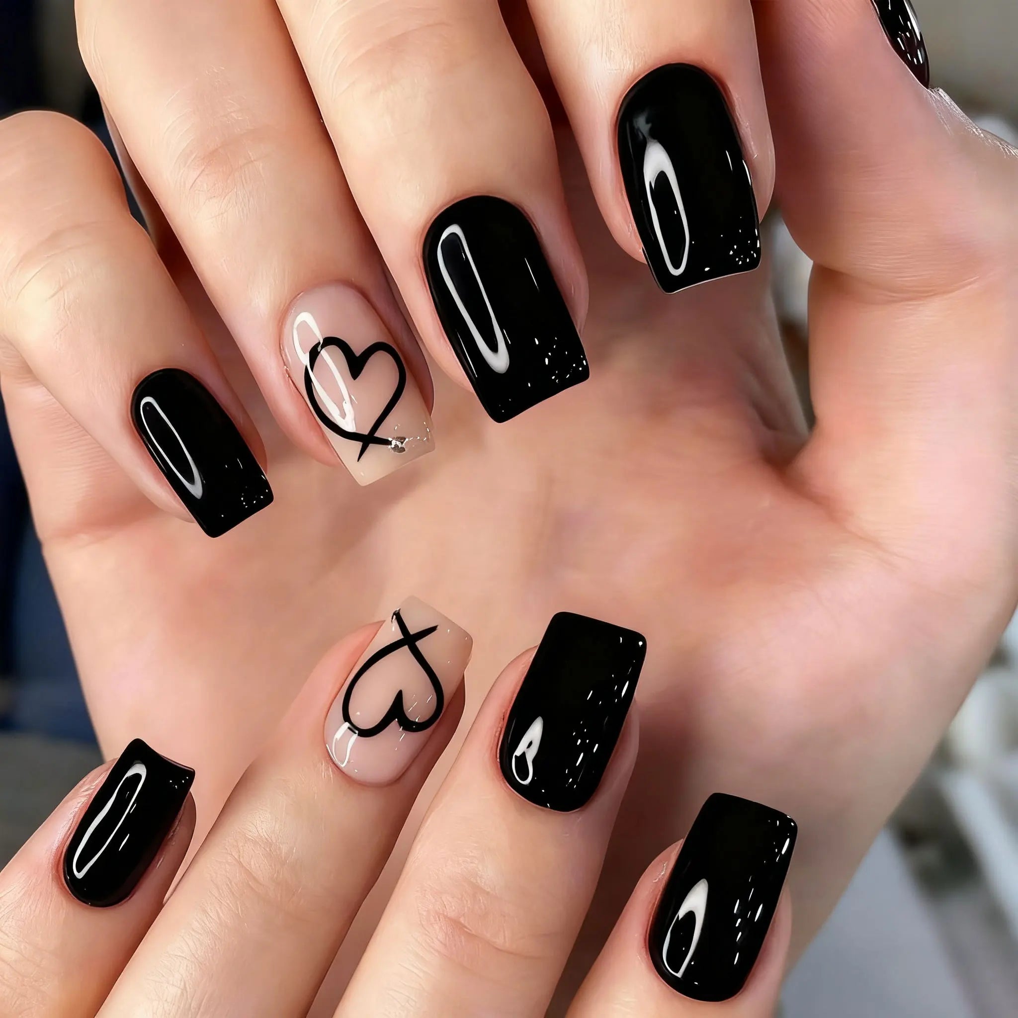24Pcs Glossy Black Valentine's Day Press On Nails Cute Short Square Hollow Love Heart False Nails Full Cover Acrylic Nails Tips