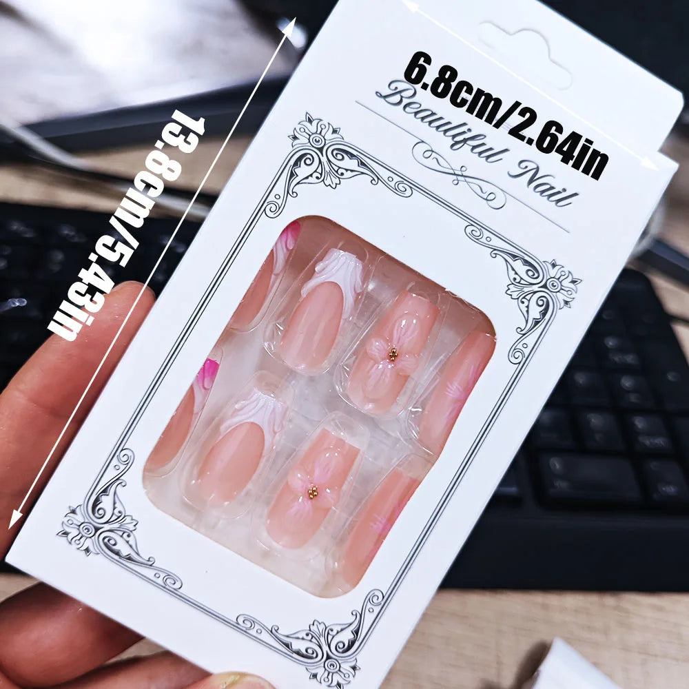 24Pcs/boxed Gradient Pink Flowers Fake Nails With 3D Carving Blossom Flowers Press On Nails Christmas Wearable False Nail Sets