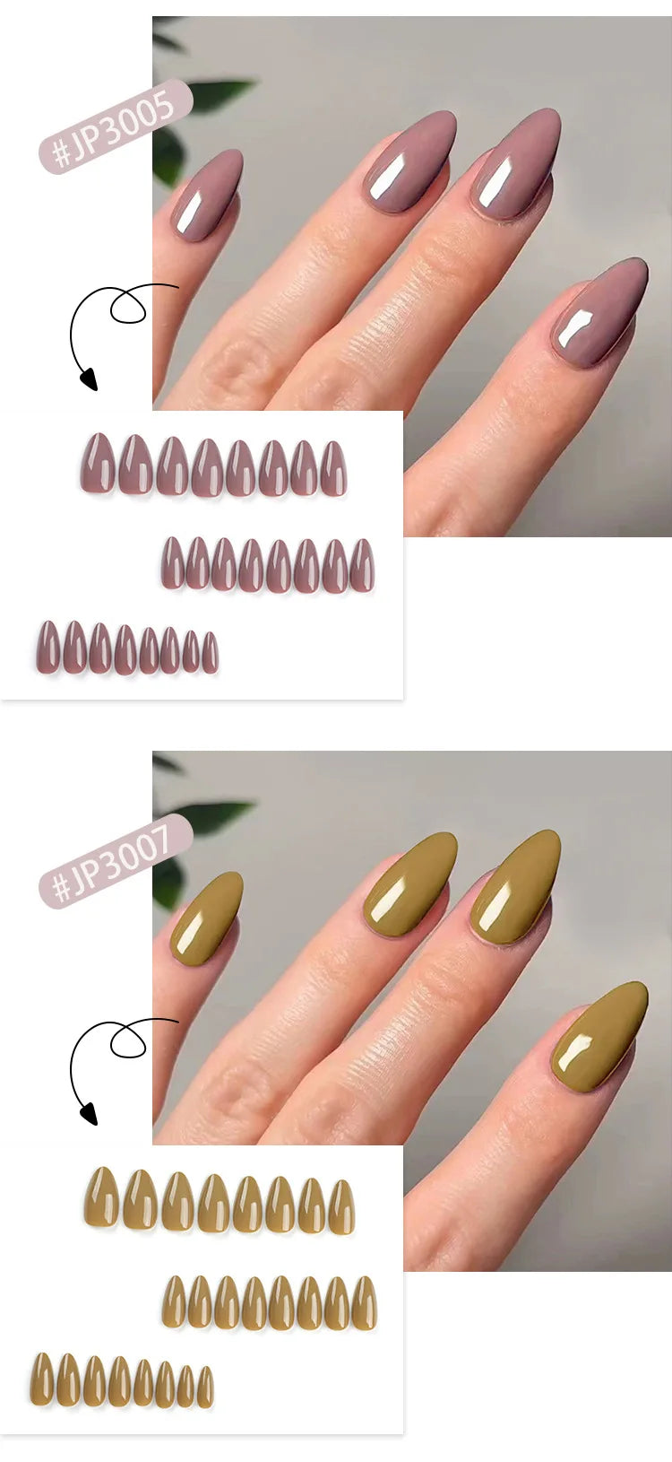 Classic Glossy Solid Color Long Pointed Fake Nails Brown Green Grey Blue Detachable Finished False Nails Press on Nail with Glue