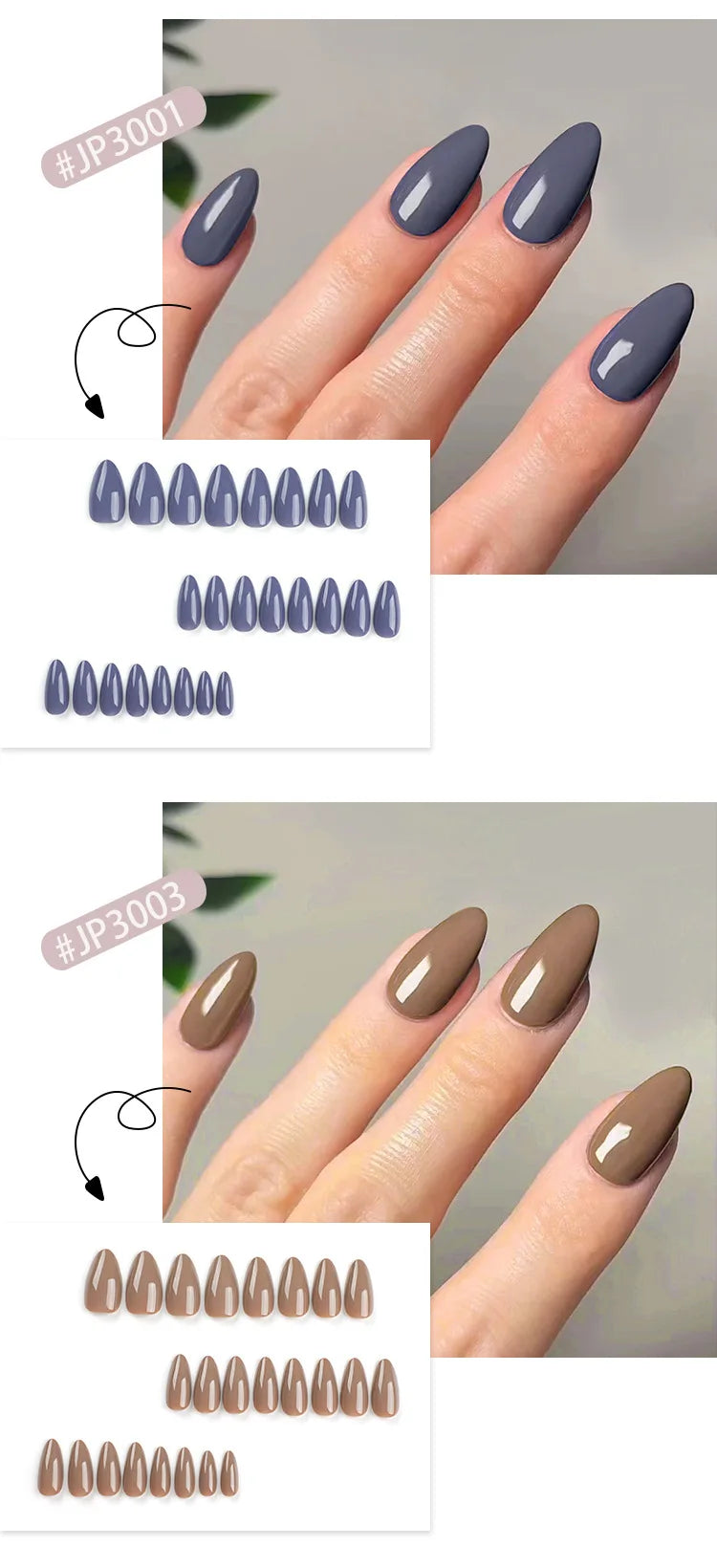 Classic Glossy Solid Color Long Pointed Fake Nails Brown Green Grey Blue Detachable Finished False Nails Press on Nail with Glue