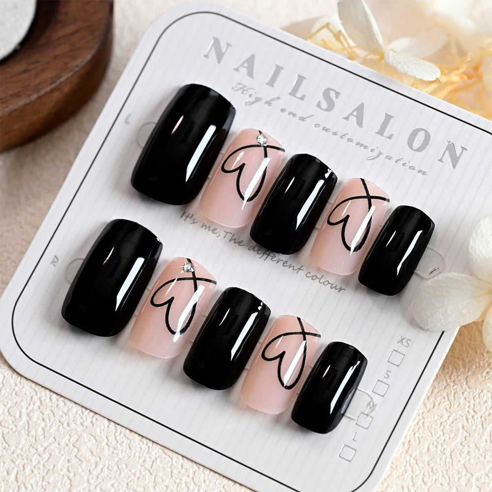 24Pcs Glossy Black Valentine's Day Press On Nails Cute Short Square Hollow Love Heart False Nails Full Cover Acrylic Nails Tips