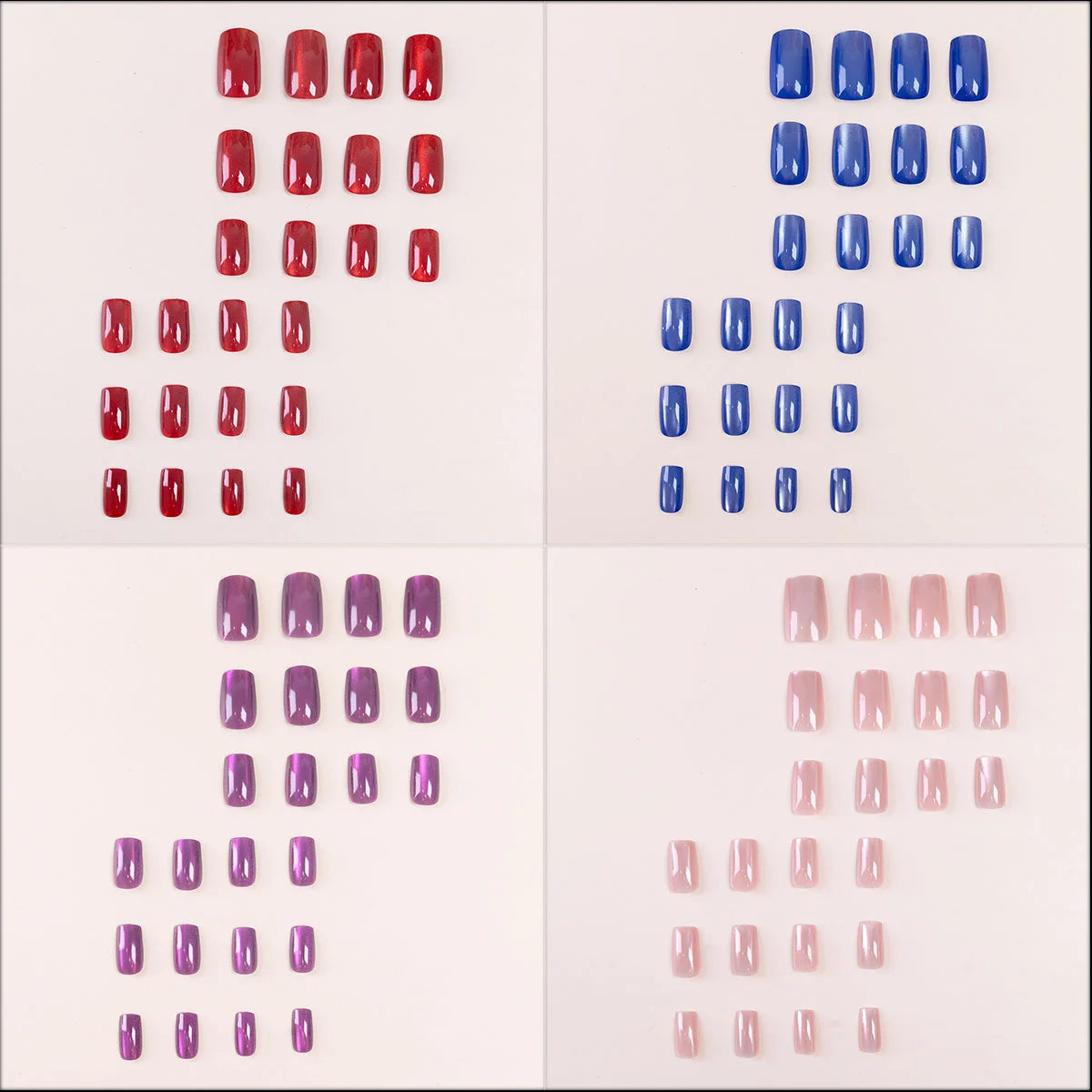 24pcs/set Cool Tone Cat Eye Press on Nails Mid-Square Pure Solid Cat-Eye 4 Colors Gradient Cat eye Women's Daily Wear Fake Nails