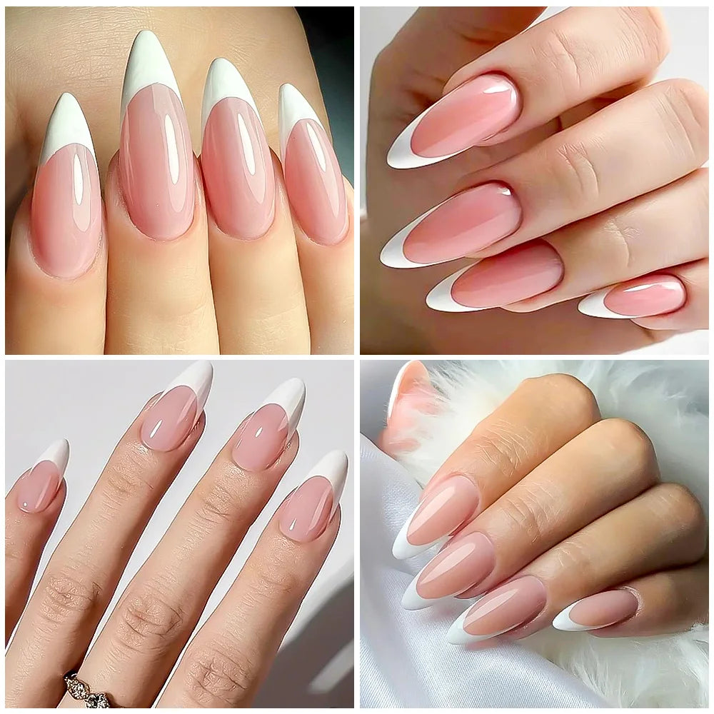 120/240Pcs Nude Pink Almond Press On Nails White-Edge French Glossy Almond Fake Nails Full Cover Soft Gel Nude Pink Nail Tips