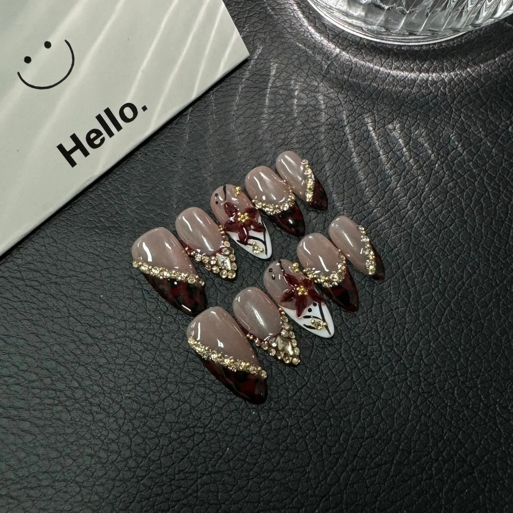 10pcs Handmade Fake Nails 3D Sculpted French Almond Manicure Press on Nail Mid-Length Ladder Nail Art Removable Wearable Nail