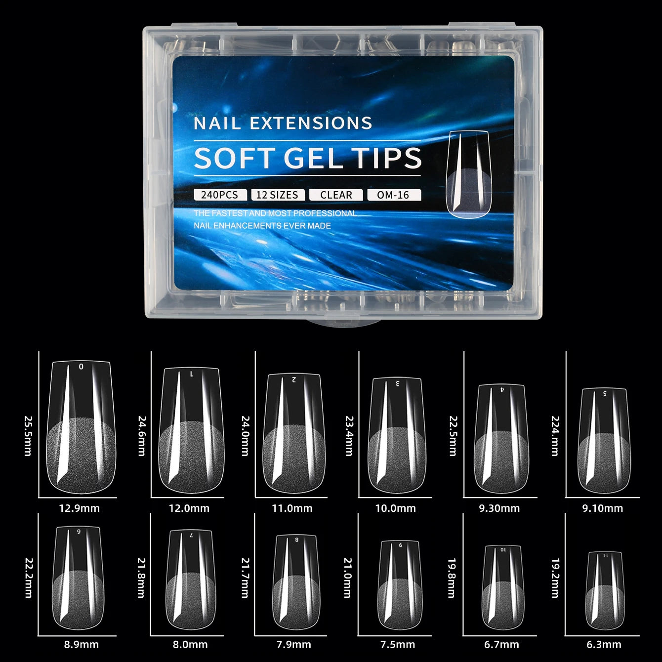 Square Nail Tips 120 PCS Artificial Full Cover Soft Clear Gel Tips 12 Sizes Sharp False Nails for Nail Extension