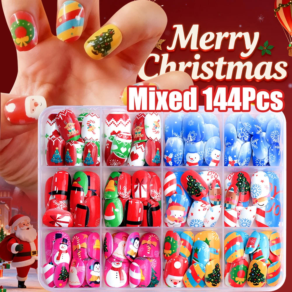 12gridsx12=144pcs Christmas Children Fake Nails Red/Blue Square Round Press On Nails With Cartoon Snowman/Snowflake Nail Tips