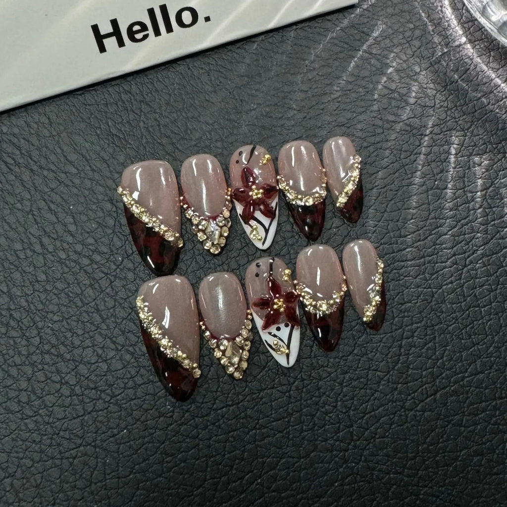 10pcs Handmade Fake Nails 3D Sculpted French Almond Manicure Press on Nail Mid-Length Ladder Nail Art Removable Wearable Nail