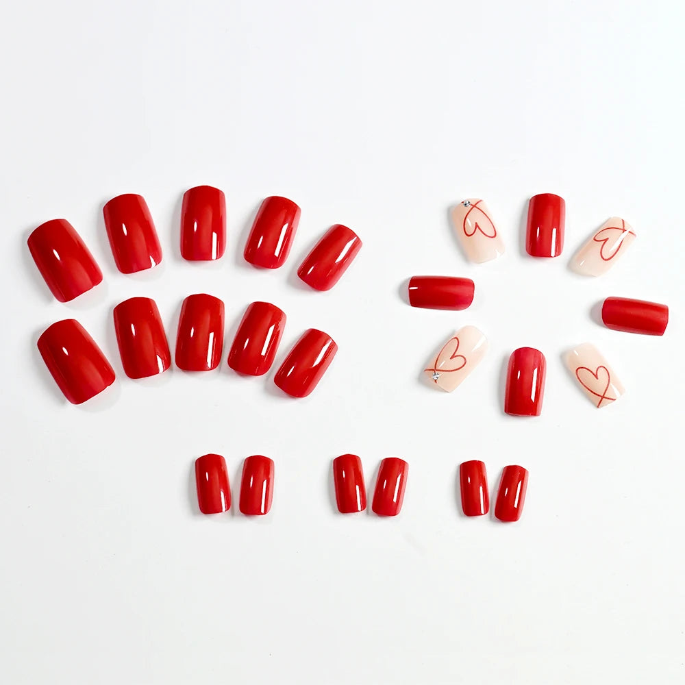 24Pcs Glossy Black Valentine's Day Press On Nails Cute Short Square Hollow Love Heart False Nails Full Cover Acrylic Nails Tips