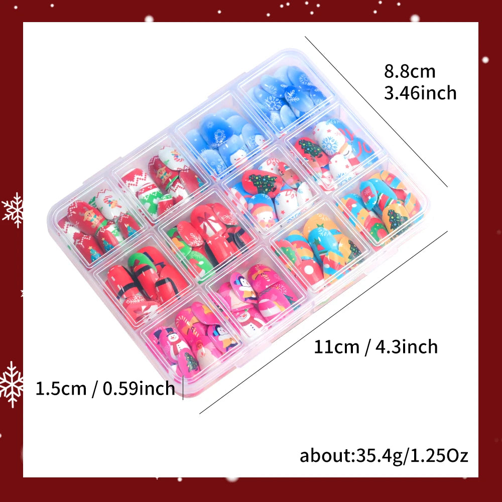 12gridsx12=144pcs Christmas Children Fake Nails Red/Blue Square Round Press On Nails With Cartoon Snowman/Snowflake Nail Tips