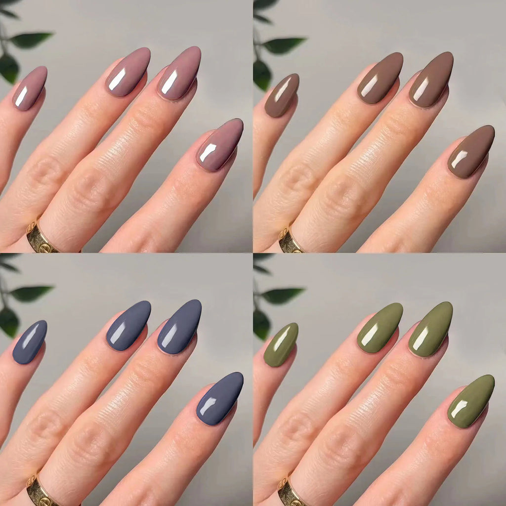 Classic Glossy Solid Color Long Pointed Fake Nails Brown Green Grey Blue Detachable Finished False Nails Press on Nail with Glue