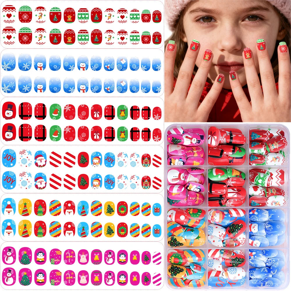 12gridsx12=144pcs Christmas Children Fake Nails Red/Blue Square Round Press On Nails With Cartoon Snowman/Snowflake Nail Tips