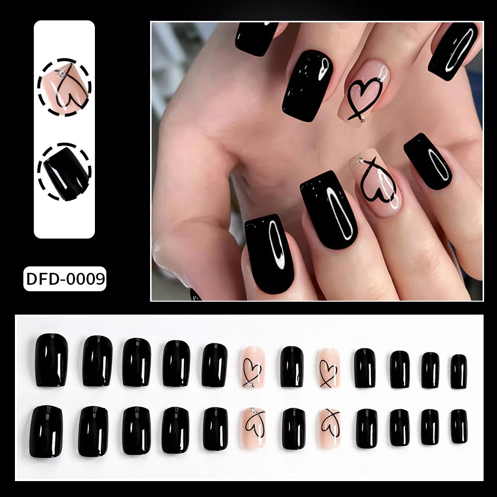24Pcs Glossy Black Valentine's Day Press On Nails Cute Short Square Hollow Love Heart False Nails Full Cover Acrylic Nails Tips