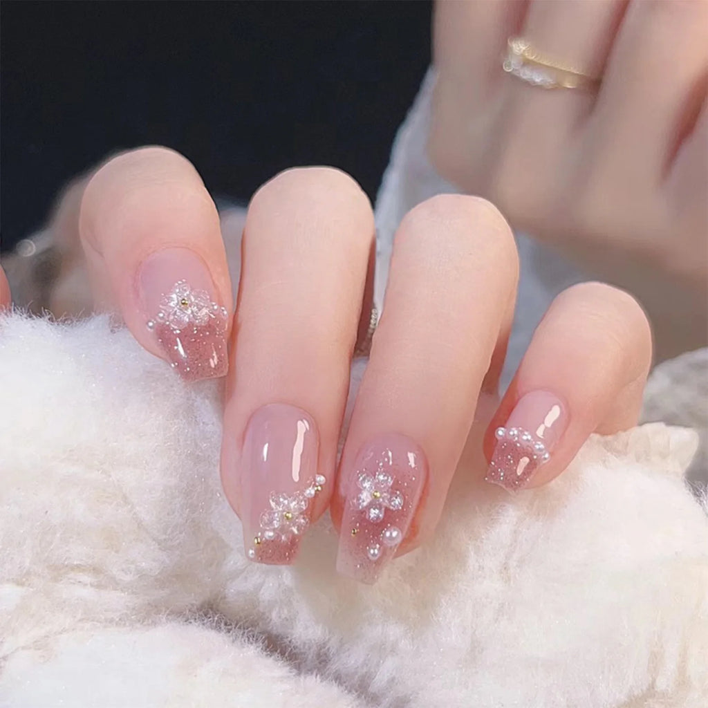 Blush Pink False Nails Bowknot Diamond Pearl 3D Design Press on Nail Tips with Harmless Smooth Edge Nails Woman DIY Fake Nails