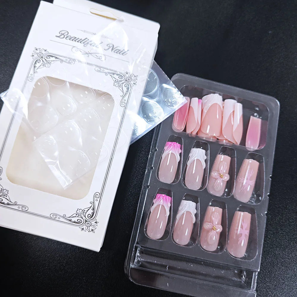 24Pcs/boxed Gradient Pink Flowers Fake Nails With 3D Carving Blossom Flowers Press On Nails Christmas Wearable False Nail Sets