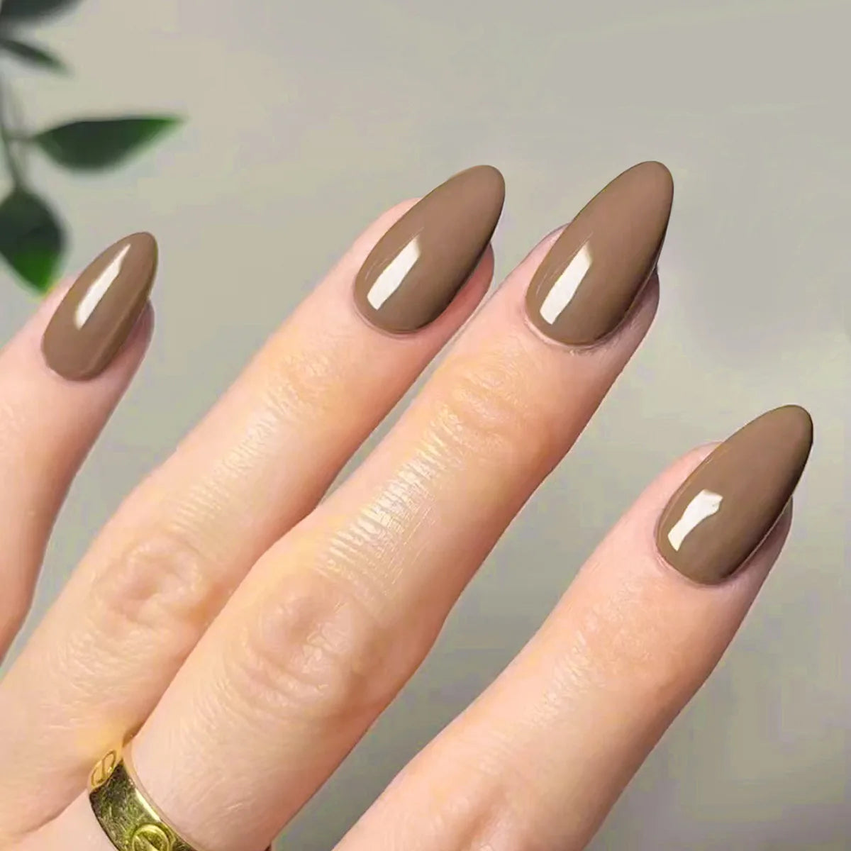 Classic Glossy Solid Color Long Pointed Fake Nails Brown Green Grey Blue Detachable Finished False Nails Press on Nail with Glue