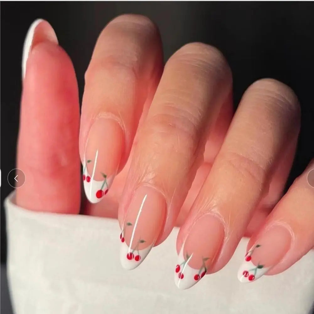 24Pcs Detachable Acrylic False Nails Press On Nail Cute Cherry French Almond Wearable Artificial Fake Nails Full Cover Nail Tips